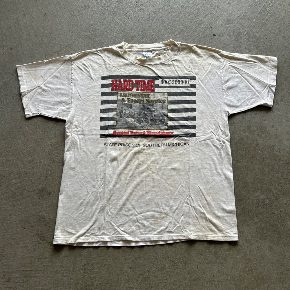Vintage 90s Hard‎ Time State Prison Shirt Size XL White Armed Escort Distressed